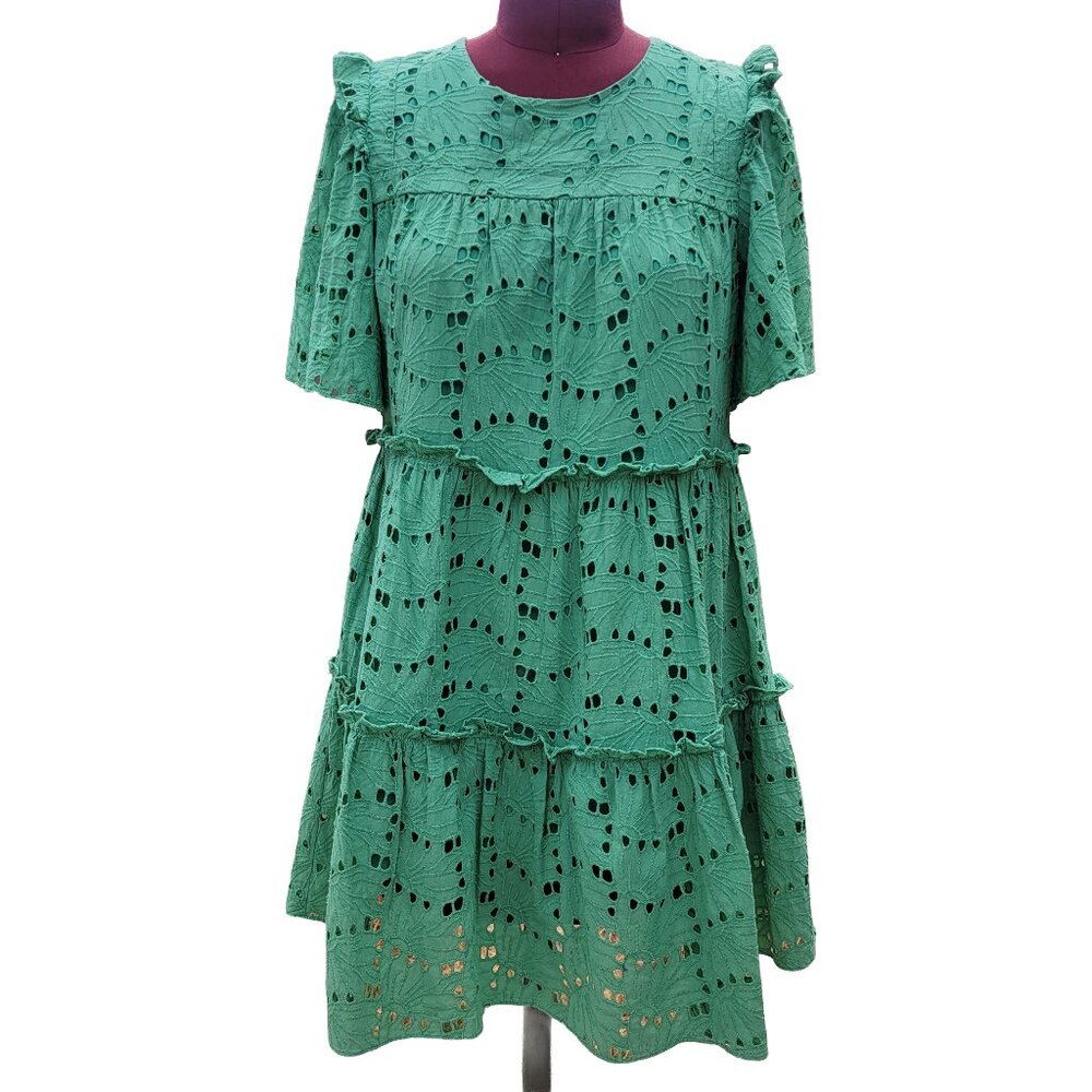 Tuckernuck Hyacinth House Mollie Dress Green Eyelet Crew Neck Short Sleeve XS